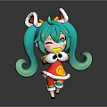 Cute Teal Twin Ponytails Character With Cat Creature Ears And Red Outfit Gold Decorations