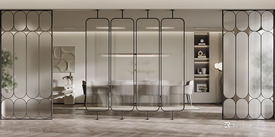 Modern Transparent Glass Partition With Sleek Black Frame In Dining Interior Space 3d model 
