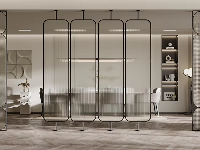 Modern Transparent Glass Partition With Sleek Black Frame In Dining Interior Space 3d model