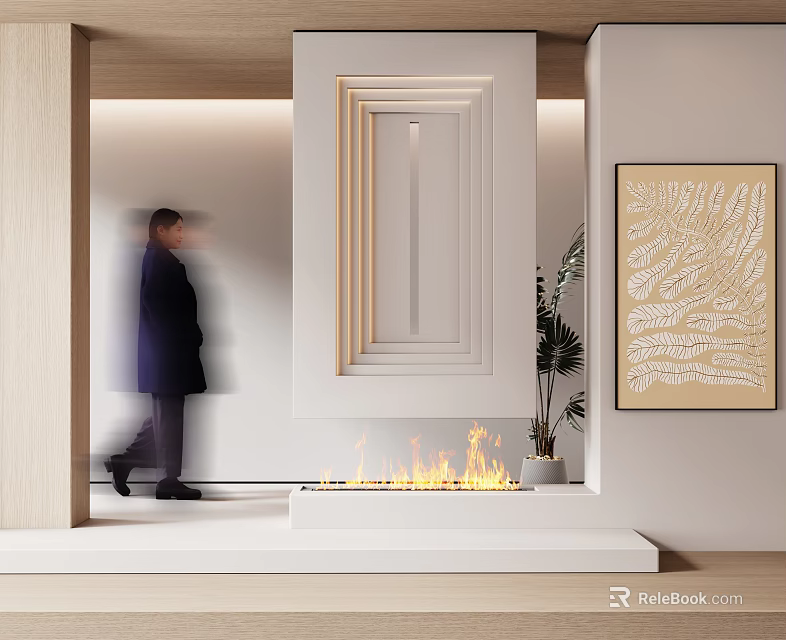 Modern White Fireplace Interior Design With Burning Flames Potted Plant And Decorative Art 3d model 