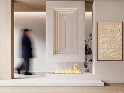 Modern White Fireplace Interior Design With Burning Flames Potted Plant And Decorative Art 3d model