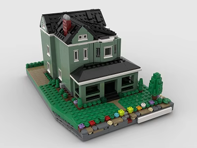 Building Blocks Green Two Story House With Black Roof Lawn Colorful Flowers and Tree 3d model