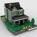 Building Blocks Green Two Story House With Black Roof Lawn Colorful Flowers and Tree