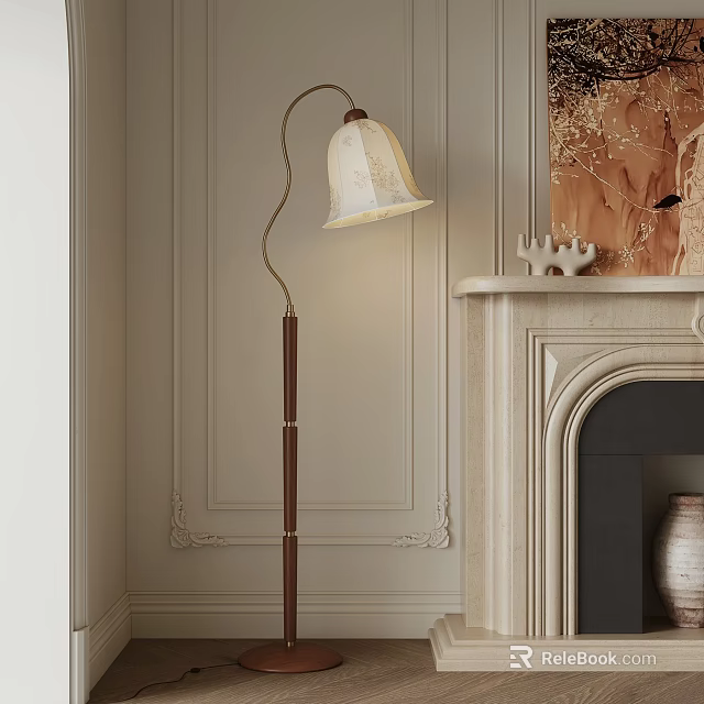 Elegant Floor Lamp in Living Room with Beige Carved Walls and Fireplace Decorations 3d model 