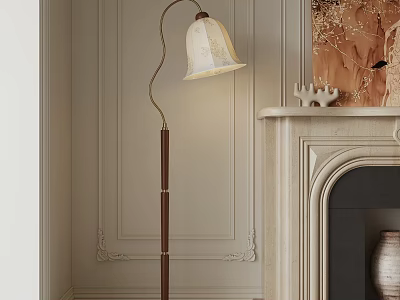 Elegant Floor Lamp in Living Room with Beige Carved Walls and Fireplace Decorations 3d model
