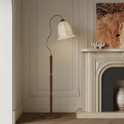 Elegant Floor Lamp in Living Room with Beige Carved Walls and Fireplace Decorations 3d model
