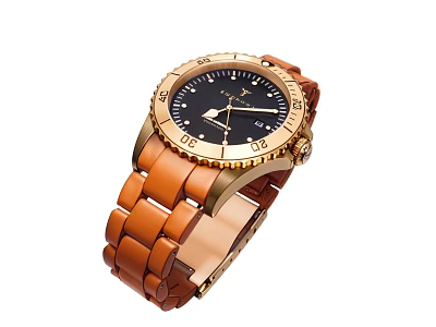 Luxury Brown Leather Strap Watch With Gold Bezel And Black Dial Design 3d model