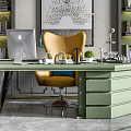 Luxury Green Office Desk With Apple Computer Yellow Chair Bookshelves And Decorative Painting