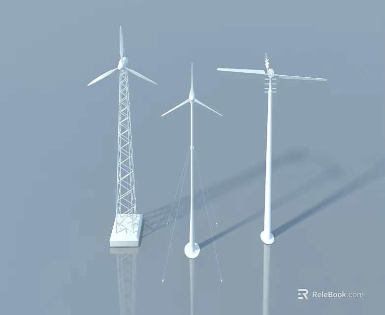 Three Wind Turbine 3D Models With Different Structures On Gray Background 3d model