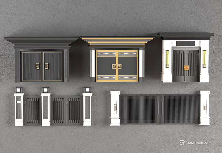 Various Styles Of Front Doors With Double Panel Black Gold Details And White Decorative Frames 3d model 