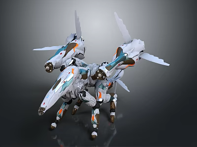 Mechanical Creature Character with Multiple Wings Mechanical Legs White Body Blue And Orange Details 3d model