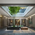 Spacious Shopping Mall Lobby With Glass Floor Central Green Plant Decorative Paintings And Modern Lighting