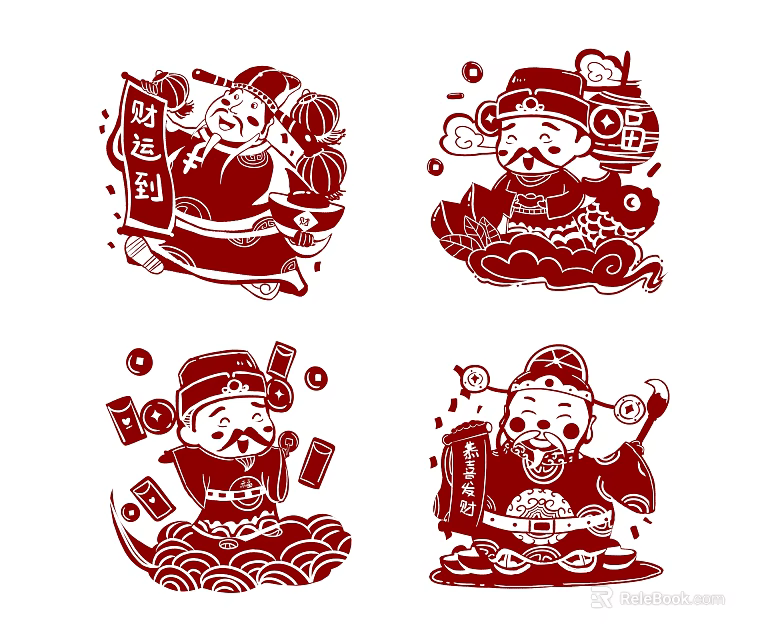 Chinese Lucky God Red Paper Cut Wall Decor with Fortune Symbols Ingots and Clouds 3d model 