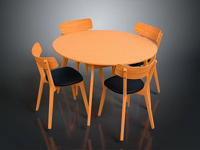 Round Wooden Dining Table Set With Four Chairs And Black Seats 3d model