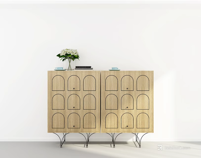 Light Wood Entryway Console Cabinet with Arched Doors Metal Legs and Decorative Top 3d model 