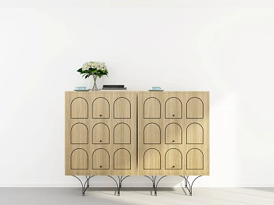 Light Wood Entryway Console Cabinet with Arched Doors Metal Legs and Decorative Top 3d model