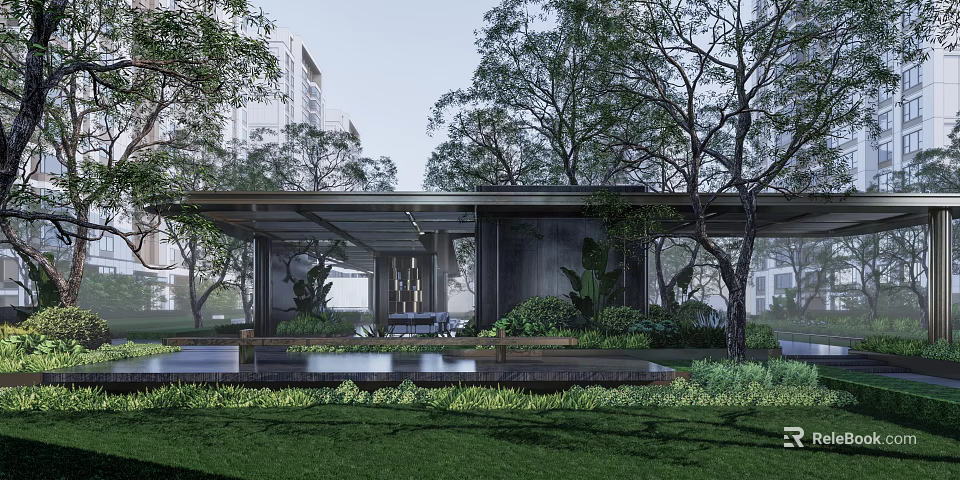 Modern Garden Landscape Design With Pavilion Trees Water Feature And Lush Greenery 3d model 