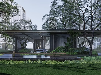 Modern Garden Landscape Design With Pavilion Trees Water Feature And Lush Greenery 3d model