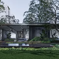 Modern Garden Landscape Design With Pavilion Trees Water Feature And Lush Greenery