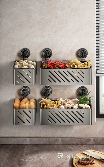Wall Mounted Metal Storage Organizers For Kitchen With Mushrooms Chili Ginger Eggs Garlic And Herbs 3d model 