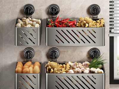 Wall Mounted Metal Storage Organizers For Kitchen With Mushrooms Chili Ginger Eggs Garlic And Herbs 3d model