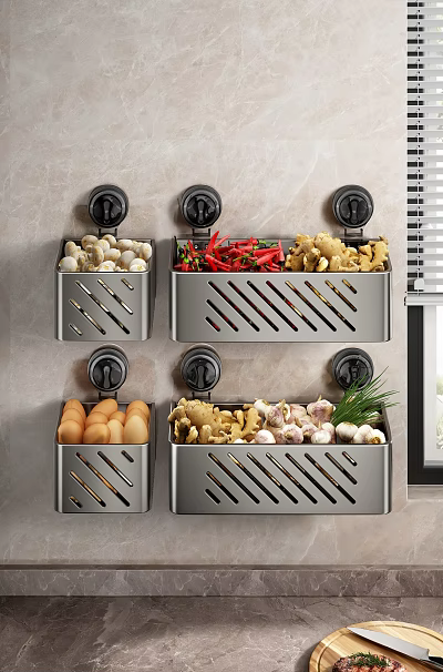 Wall Mounted Metal Storage Organizers For Kitchen With Mushrooms Chili Ginger Eggs Garlic And Herbs 3d model