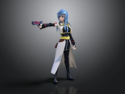 Anime Female Character With Blue Hair Holding Gun And Yellow Sash Outfit On Gray Background 3d model