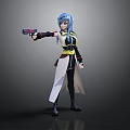 Anime Female Character With Blue Hair Holding Gun And Yellow Sash Outfit On Gray Background