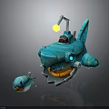 Blue Mechanical Shark Robot With Small Fish Creature Design Features 3d model