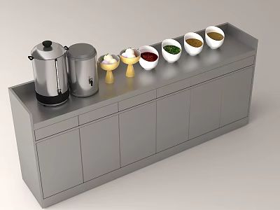 Contemporary Kitchen Storage Counter With Silver Containers And Colorful Spice Bowls 3d model