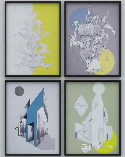Abstract Paintings with Geometric Lines Color Blocks and Circular Elements in Various Colors 3d model 