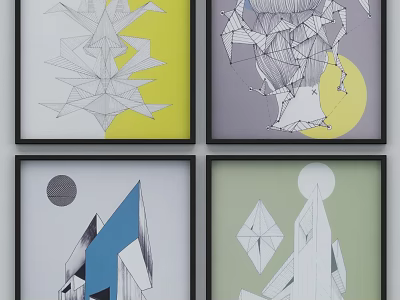 Abstract Paintings with Geometric Lines Color Blocks and Circular Elements in Various Colors 3d model