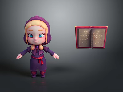 Cute Blond Haired Blue Eyed Cartoon Character In Purple Outfit With Open Red Book 3d model