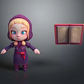 Cute Blond Haired Blue Eyed Cartoon Character In Purple Outfit With Open Red Book