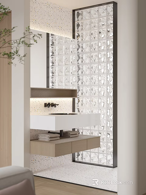 Modern Bathroom Washbasin Design With White Countertop Glass Block Partition And Towel Storage Below 3d model 