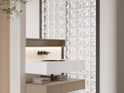 Modern Bathroom Washbasin Design With White Countertop Glass Block Partition And Towel Storage Below 3d model