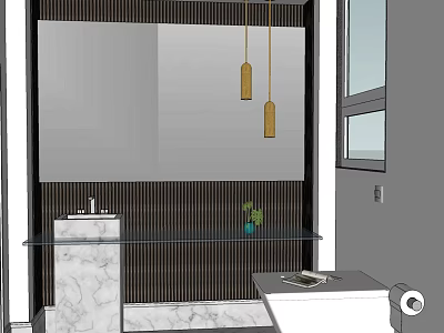 Marble Bathroom Vanity with Large Mirror Two Pendant Lights and Wooden Striped Wall 3d model