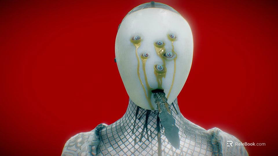 Mysterious Game Movie Character With White Mask Gold Spiral Eyes And Mesh Clothing On Red Background 3d model 