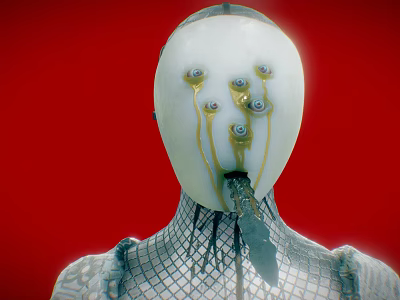 Mysterious Game Movie Character With White Mask Gold Spiral Eyes And Mesh Clothing On Red Background 3d model