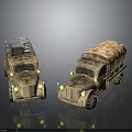 Two Vintage Military Truck Models with Camouflage Paint Roof Racks Yellow Headlights and Retro Design