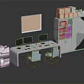 Modern Office Workspace With Desk Two Chairs Bookshelf Corkboard Books And Boxes