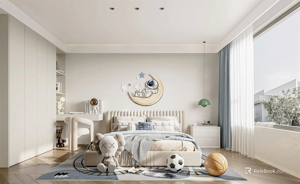 Cozy Kids Room Interior Design With Moon Star Decor Bed Toys And Desk On Rug 3d model 