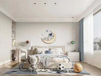 Cozy Kids Room Interior Design With Moon Star Decor Bed Toys And Desk On Rug 3d model
