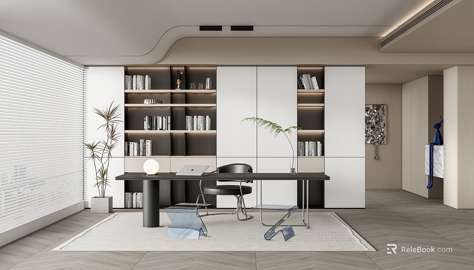 Modern Study Room Interior Design With Built in Bookshelves Desk Chair And Potted Plant 3d model 