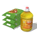 Bottle of Cooking Oil with Three Green Packaged Food Products on White Background