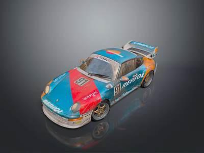 Porsche Race Car With Blue Orange Red Design Number 91 KEMPORA Logo And Worn Tires 3d model