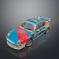 Porsche Race Car With Blue Orange Red Design Number 91 KEMPORA Logo And Worn Tires