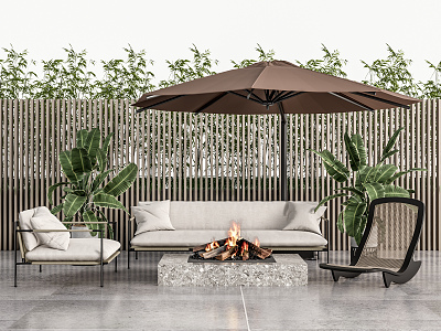 Modern Outdoor Sofa Outdoor Sofa Coffee Table Combination Green Plant Potted Fence Partition Double Sofa Sunshade Umbrella Recliner 3d model