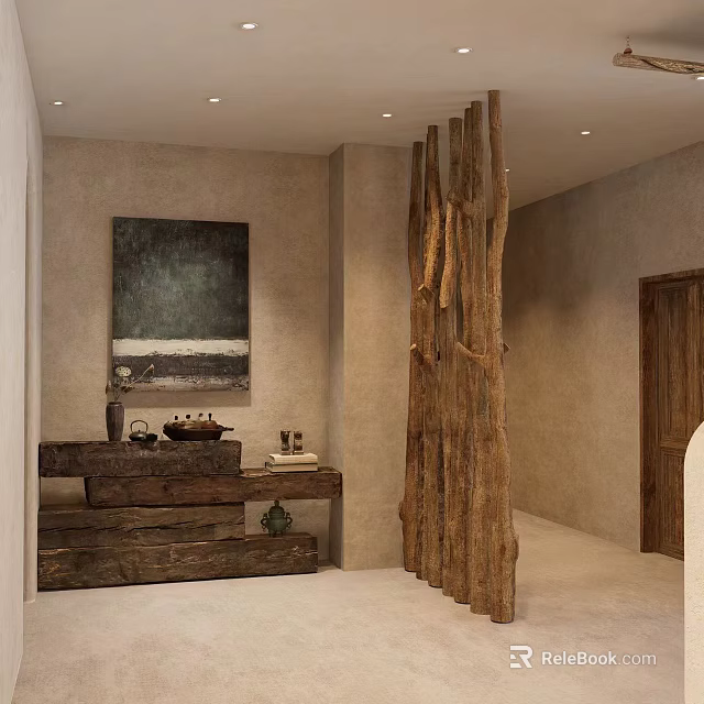 Natural Wooden Background Wall With Vertical Log Partition Art Painting And Shelves 3d model 