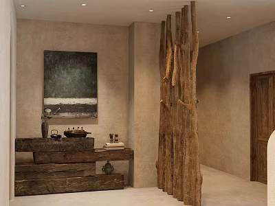 Natural Wooden Background Wall With Vertical Log Partition Art Painting And Shelves 3d model